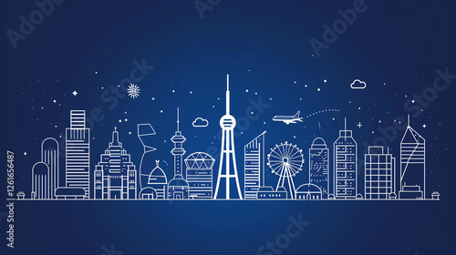 Modern City Skyline Line Art Illustration on Dark Blue Background photo