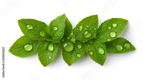 Fresh Mint Leaves with Water Droplets on White Background. Generative AI photo