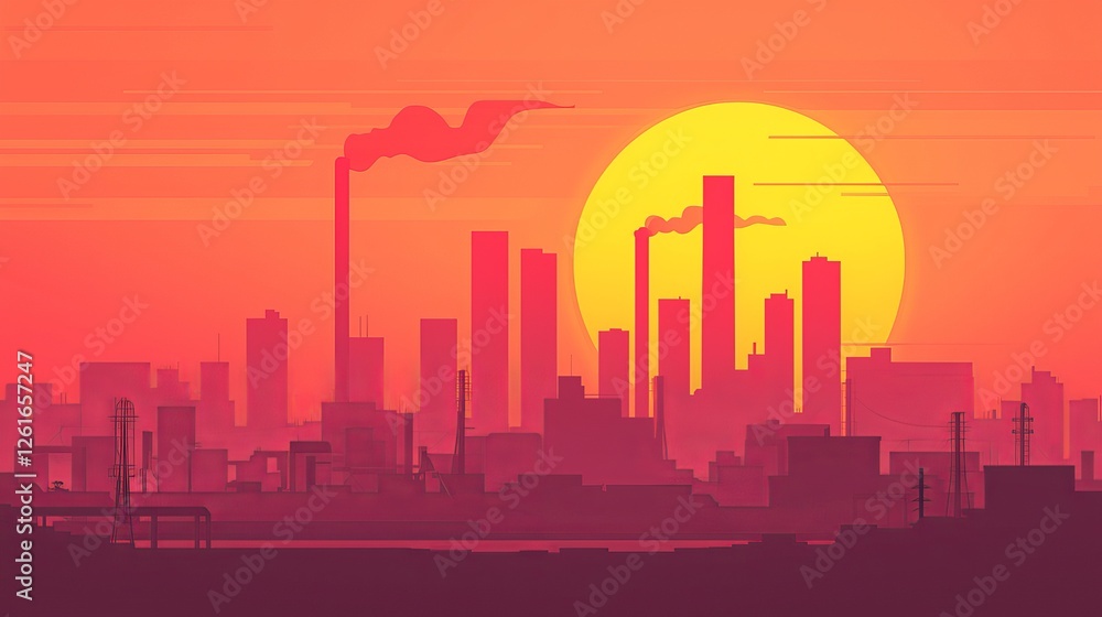 Naklejka premium Industrial sunset over cityscape urban environment digital illustration pollution awareness