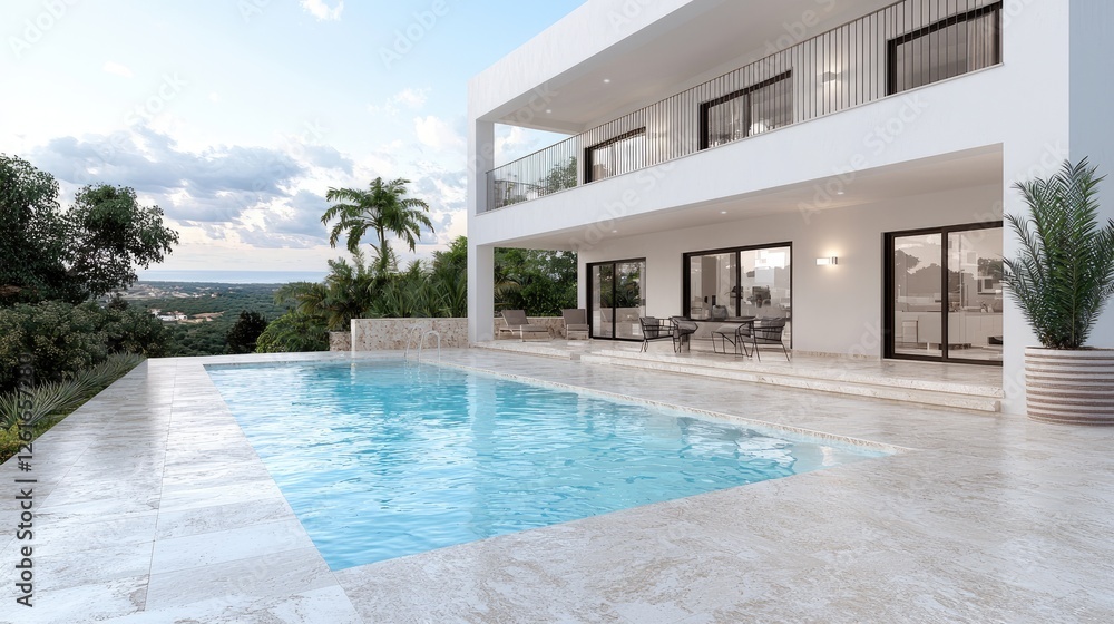 Fototapeta premium Modern two-story luxury villa featuring a swimming pool and outdoor patio terrace surrounded by tropical trees.