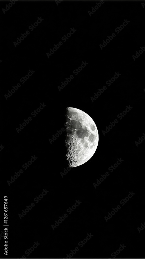 Half Moon in Night Sky, Crisp Details, Black Background Half Moon in Night Sky, Crisp Details, Black Background
