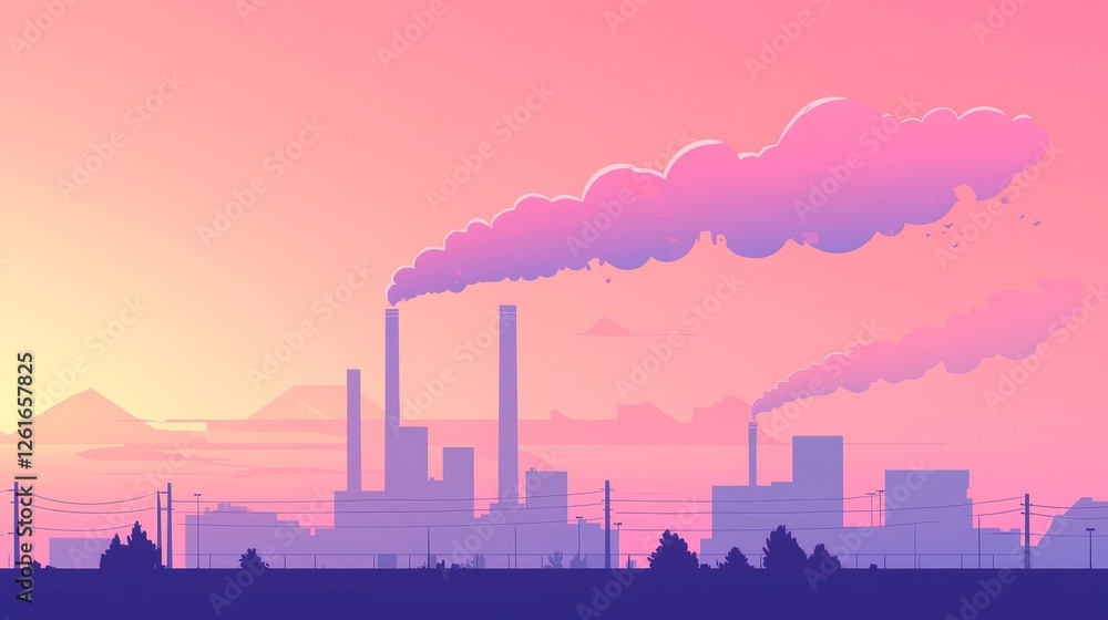 Obraz premium Industrial pollution impact on environment urban area digital artwork dusk wide angle view environmental awareness