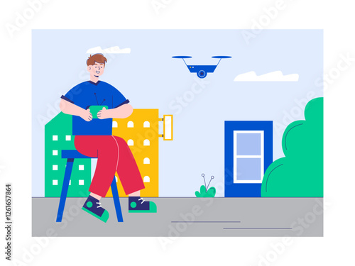 Man is playing with a drone. Modern urban life illustration. Flat vector illustration concept.	