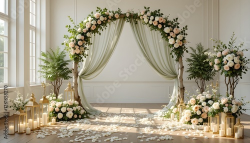 Beautiful wedding ceremony arch with white roses, greenery, and draped fabric in a bright venue. Perfect for romantic and elegant wedding themes.