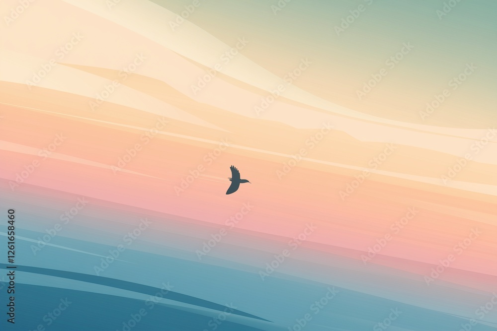 Fototapeta premium Silhouette of a Bird Flying Against a Pastel Sunset Sky