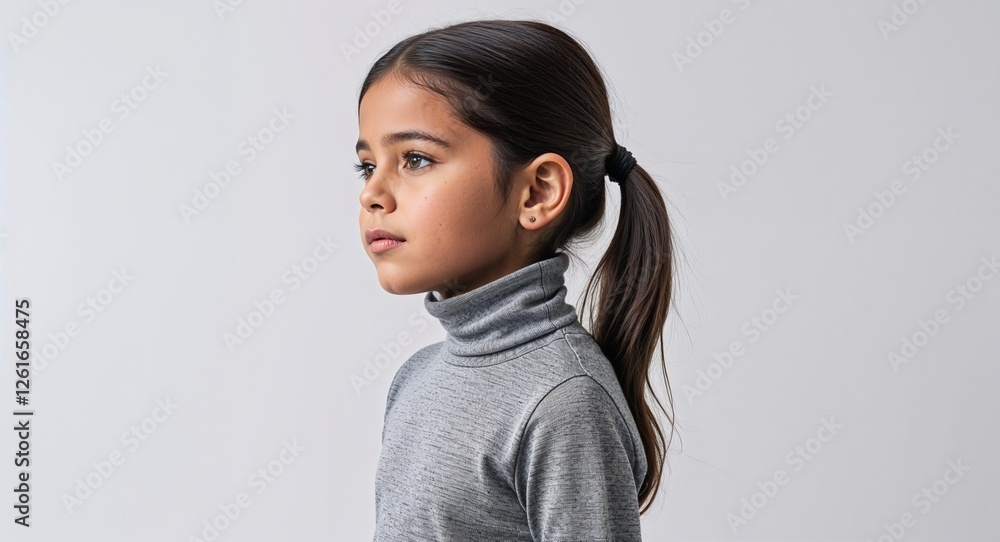 Hispanic kid girl gray turtleneck side view portrait on plain white background Hispanic kid girl gray turtleneck side view portrait on plain white background