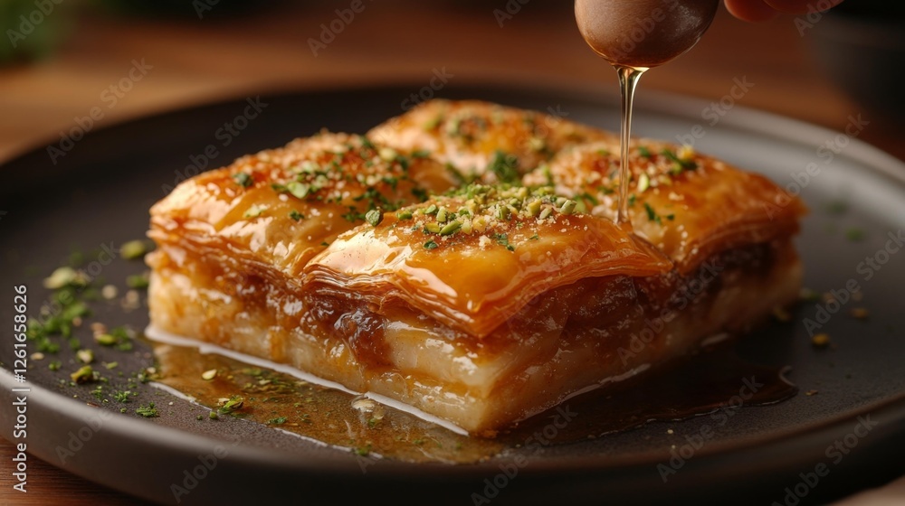 Delicious Baklava with Syrup Drizzling Over the Layers. Generative AI Delicious Baklava with Syrup Drizzling Over the Layers. Generative AI