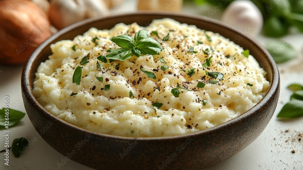 Delicious Creamy Mashed Potatoes With Fresh Basil And Pepper Garnish. Generative AI Delicious Creamy Mashed Potatoes With Fresh Basil And Pepper Garnish. Generative AI