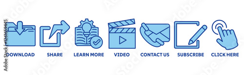 Call to action icon set illustration concept with icon of download, share, learn more, watch our video, contact us, subscribe, and click here 