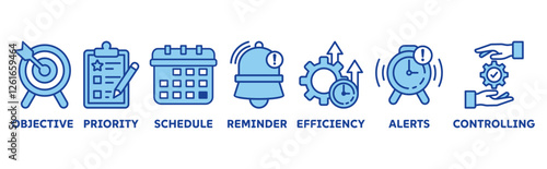 Time Management icon set illustration concept with icon of objective, priority, schedule, reminder, efficiency, alert, controlling 
