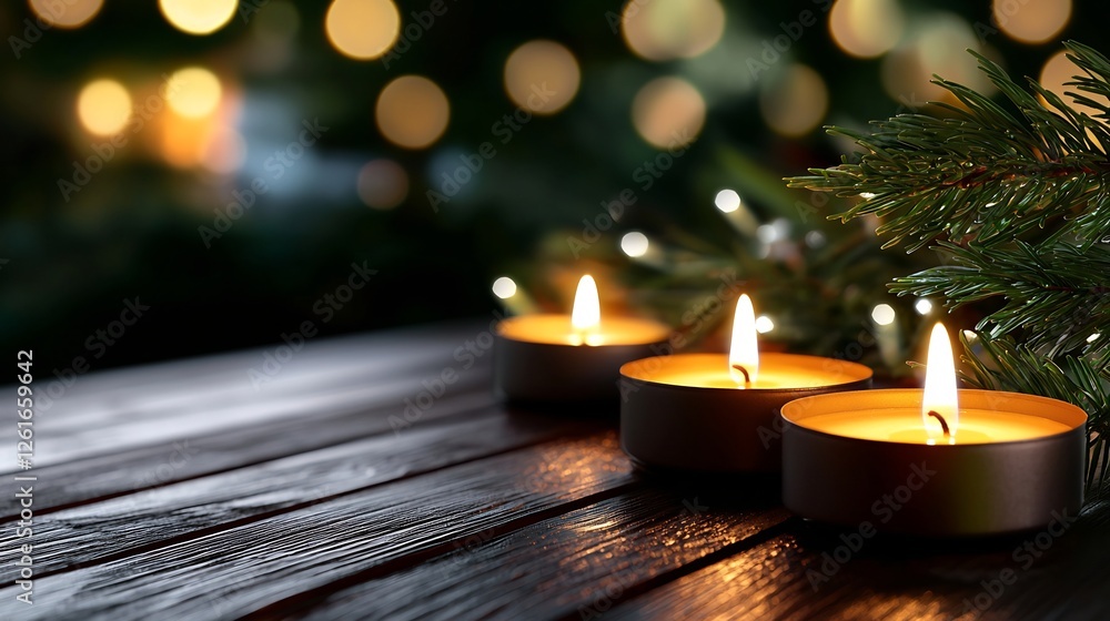 Burning Tealight Candles on a Wooden Surface with Green Evergreen for Christmas Decoration Burning Tealight Candles on a Wooden Surface with Green Evergreen for Christmas Decoration
