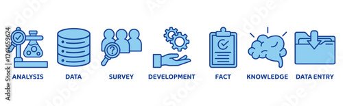 Research icon set illustration concept with icon of analysis, data, survey, development, fact, knowledge, data entry 