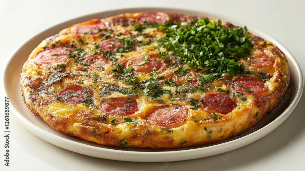 Delicious homemade frittata with sausage and fresh herbs on a plate. Generative AI Delicious homemade frittata with sausage and fresh herbs on a plate. Generative AI