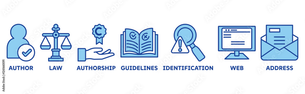 Copyright icon set illustration concept with icon of author, law, authorship, guidelines, identification, web, address Copyright icon set illustration concept with icon of author, law, authorship, guidelines, identification, web, address