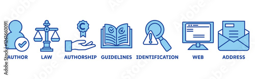Copyright icon set illustration concept with icon of author, law, authorship, guidelines, identification, web, address 