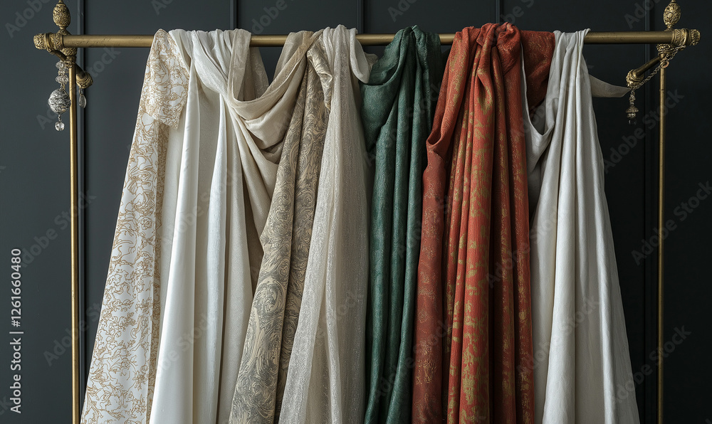 Luxurious fabrics draped on aesthetic racks, highlighting rich textures and elegant design in fashion displays Luxurious fabrics draped on aesthetic racks, highlighting rich textures and elegant design in fashion displays
