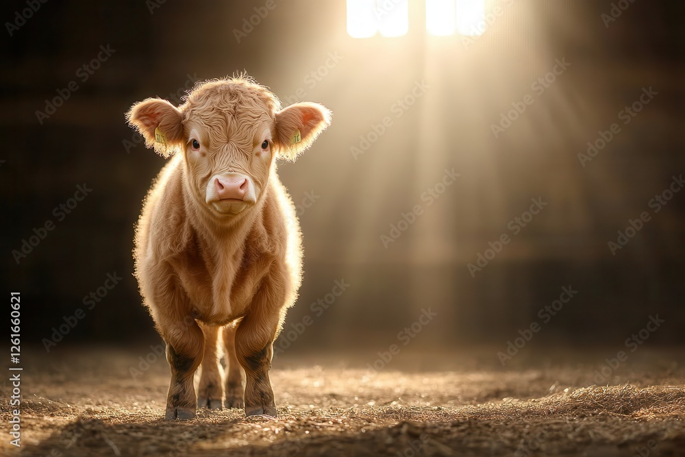 Cute calf stands in soft light, creating a warm atmosphere. Cute calf stands in soft light, creating a warm atmosphere.