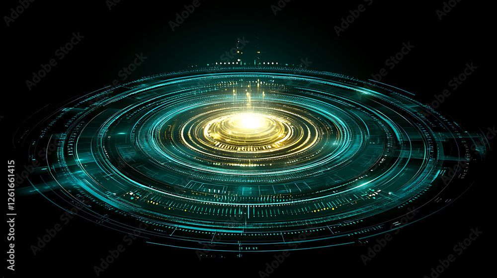 Fototapeta premium Luminous Concentric Rings of Digital Technology Portal With Central Glowing Light SciFi Innovation