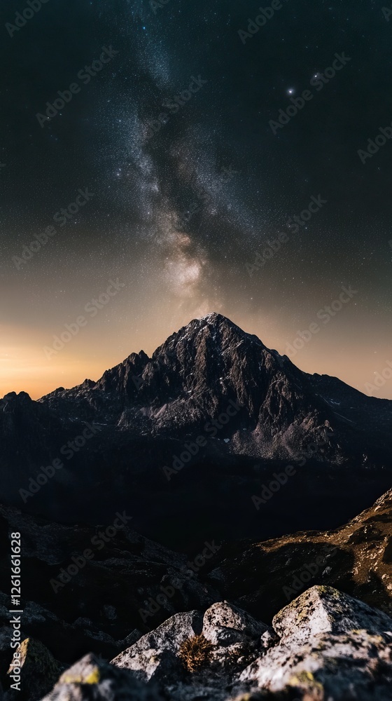 Panoramic View of Mountain and Milky Way with Clear Night Sky