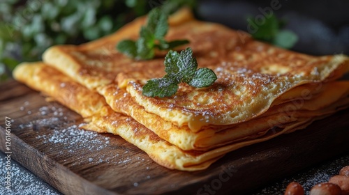 Delicious Crepes Topped with Mint Leaves and Powdered Sugar. Generative AI photo