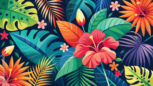 flower background, A vibrant vector background featuring tropical hibiscus flowers and palm leaves with a summer vibe