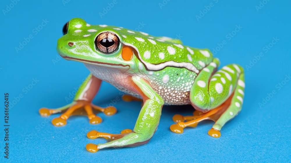 Naklejka premium Green frog on blue background, nature study