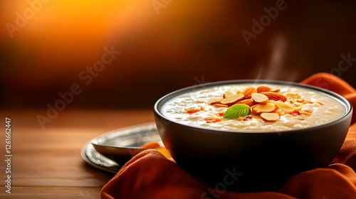 A steaming bowl of creamy oatmeal topped with almonds and mint, perfect for a wholesome breakfast. photo