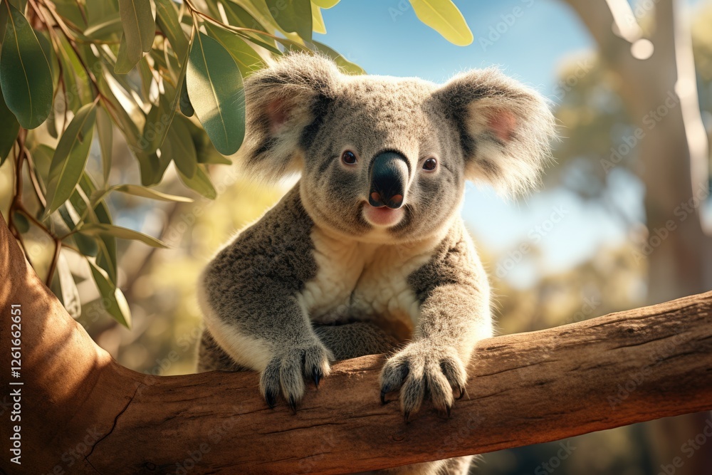 Fototapeta premium The Cuddly Koala Perched Gracefully on a Sturdy Tree Branch Its Mouth Open in Eager Anticipation as It Searches Diligently for Tender Eucalyptus Leaves