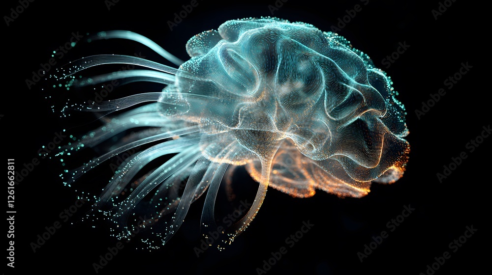 Obraz premium Luminous digital human brain illustration with fibers and particles