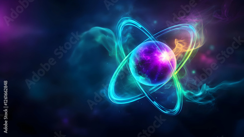 A vibrant depiction of an atom, showcasing colorful electrons orbiting a central nucleus in a cosmic background.