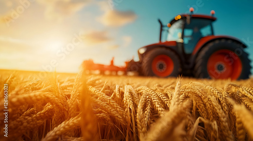 A vibrant sunset over a wheat field with a tractor, showcasing the beauty of agriculture and nature's harmony. photo