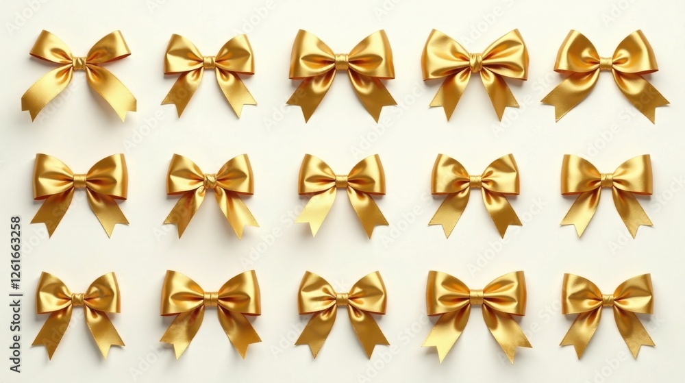 Golden bows arranged in a grid pattern on a neutral background, showcasing various sizes and orientations of elegant gift bows, perfect for crafting, design, and celebratory themes Golden bows arranged in a grid pattern on a neutral background, showcasing various sizes and orientations of elegant gift bows, perfect for crafting, design, and celebratory themes