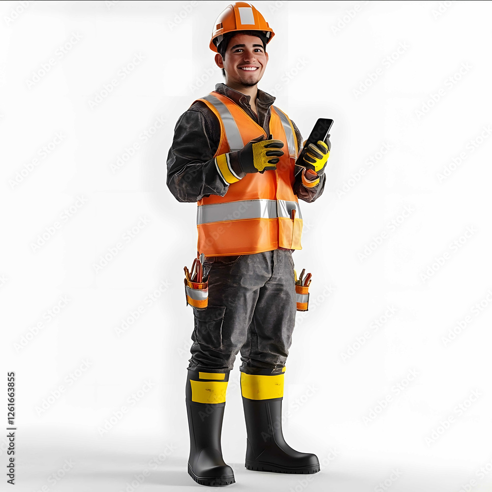 Fullbody image of a smiling young Latin American construction worker aged 22 holding a smartphone in one hand The worker is dressed in complete safety gear includi. Fullbody image of a smiling young Latin American construction worker aged 22 holding a smartphone in one hand The worker is dressed in complete safety gear includi.