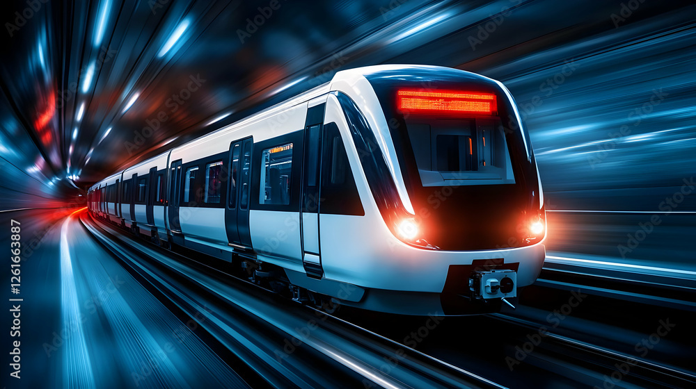 Futuristic subway train speeding through a tunnel with vivid light streaks, showcasing advanced technology in transit. Futuristic subway train speeding through a tunnel with vivid light streaks, showcasing advanced technology in transit.
