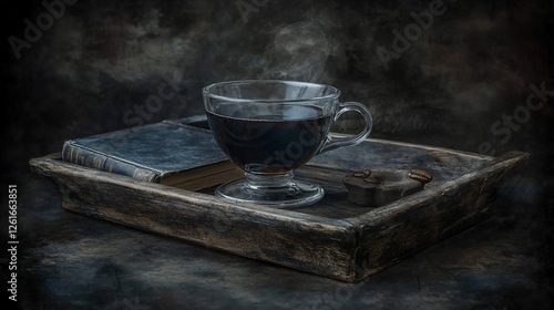 Dark Coffee, Vintage Tray, Books, Steaming Drink, Still Life photo