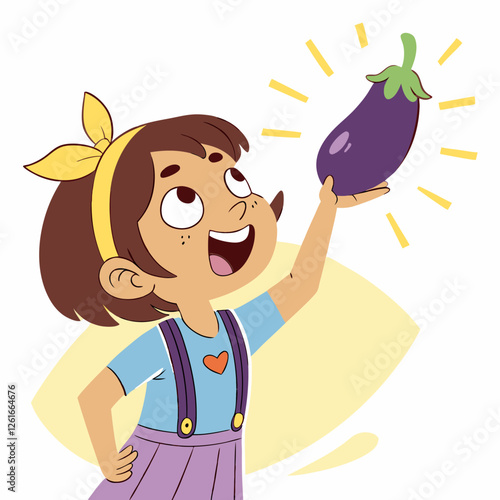 Awe-Inspired Girl Holding a Gigantic Eggplant