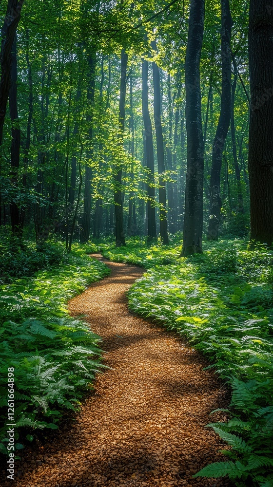 Serene forest pathway winding through lush greenery, sunlight filtering through tall trees Serene forest pathway winding through lush greenery, sunlight filtering through tall trees