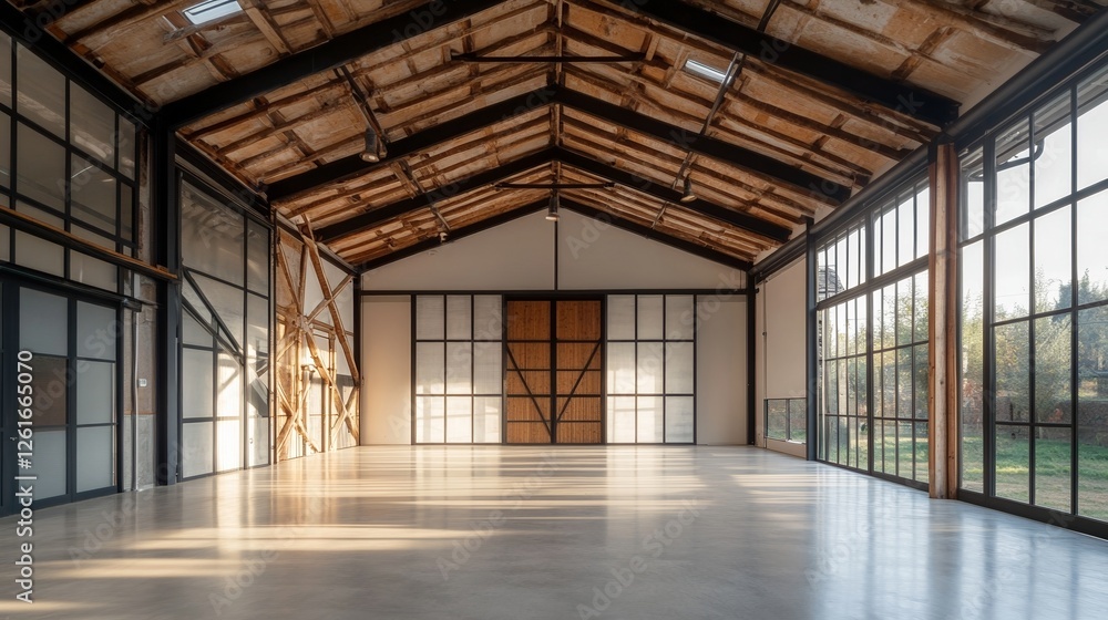 Modern warehouse interior with clean lines and open space, showcasing industrial simplicity and functional design. Modern warehouse interior with clean lines and open space, showcasing industrial simplicity and functional design.