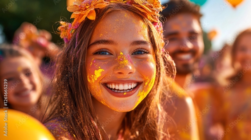 Joyful Woman Smiling with Colorful Powder at a Festival. Generative AI Joyful Woman Smiling with Colorful Powder at a Festival. Generative AI