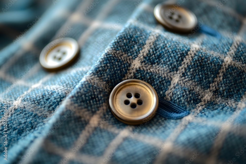 Closeup of buttons on blue plaid fabric Closeup of buttons on blue plaid fabric