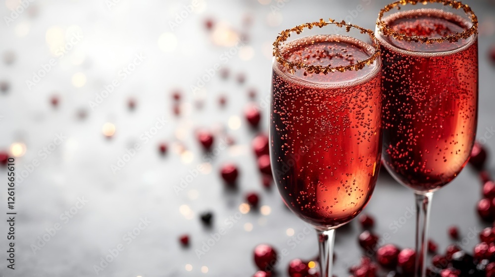 Two elegant glasses of sparkling wine with festive decorations. Generative AI Two elegant glasses of sparkling wine with festive decorations. Generative AI