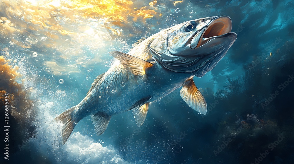 Naklejka premium Large Fish Swimming Underwater towards Sunlight