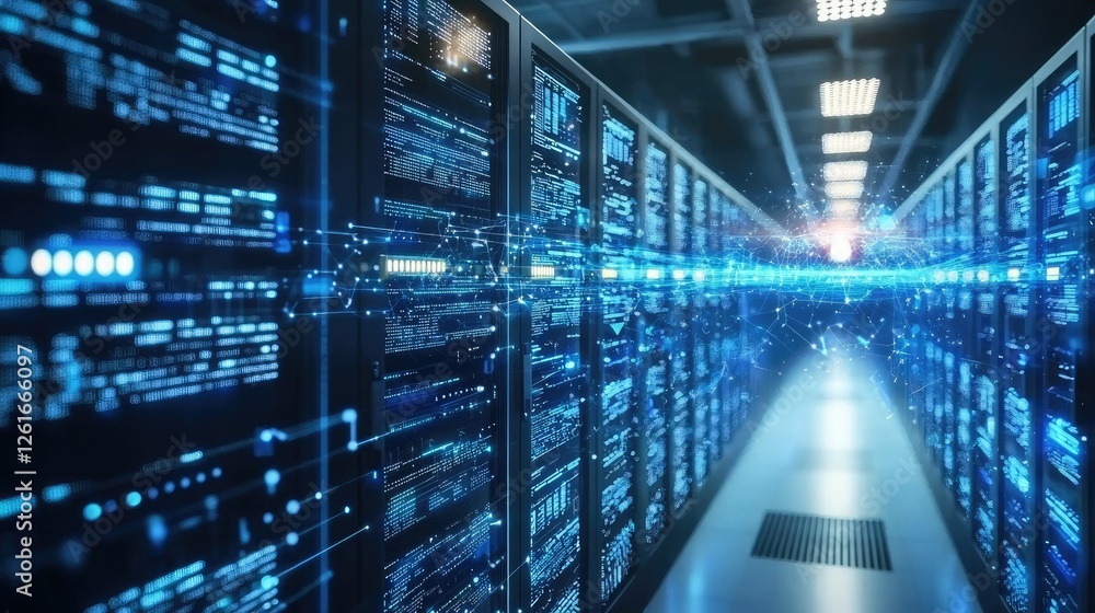 Data Center Storage with High-Tech Server Racks and Network Lines Data Center Storage with High-Tech Server Racks and Network Lines