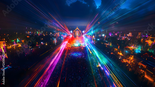 Aerial View of Electric Daisy Carnival (EDC) Night Festival with Vibrant Laser Show and Massive