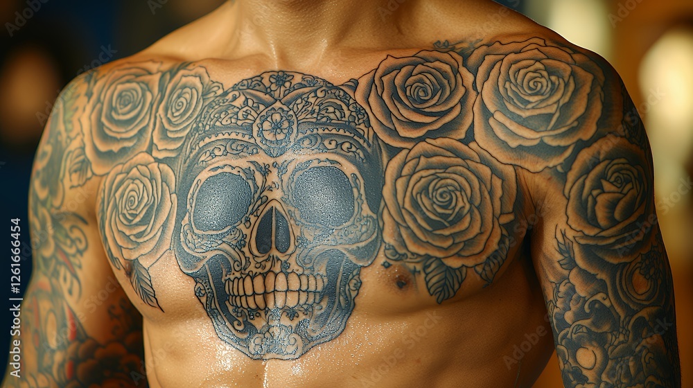Naklejka premium Man's Chest with Intricate Skull and Rose Tattoos Artwork Design