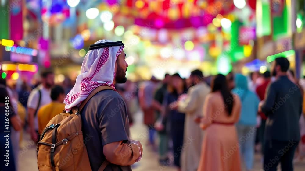 A Man in Traditional Attire Amidst a Vibrant Festive Crowd A Man in Traditional Attire Amidst a Vibrant Festive Crowd
