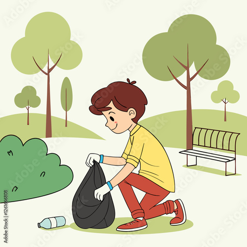 A Boy Picking Up Litter in a Tranquil Park Setting