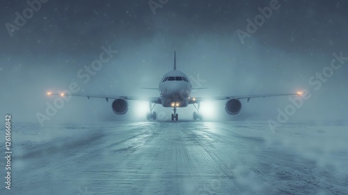 Commercial airplane on snowy runway illuminated by headlights at night. Generative AI photo