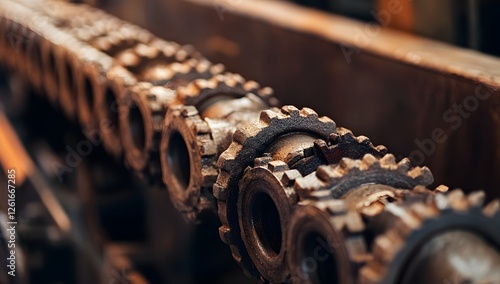 Industrial gears, close-up, machine components, blurred background photo