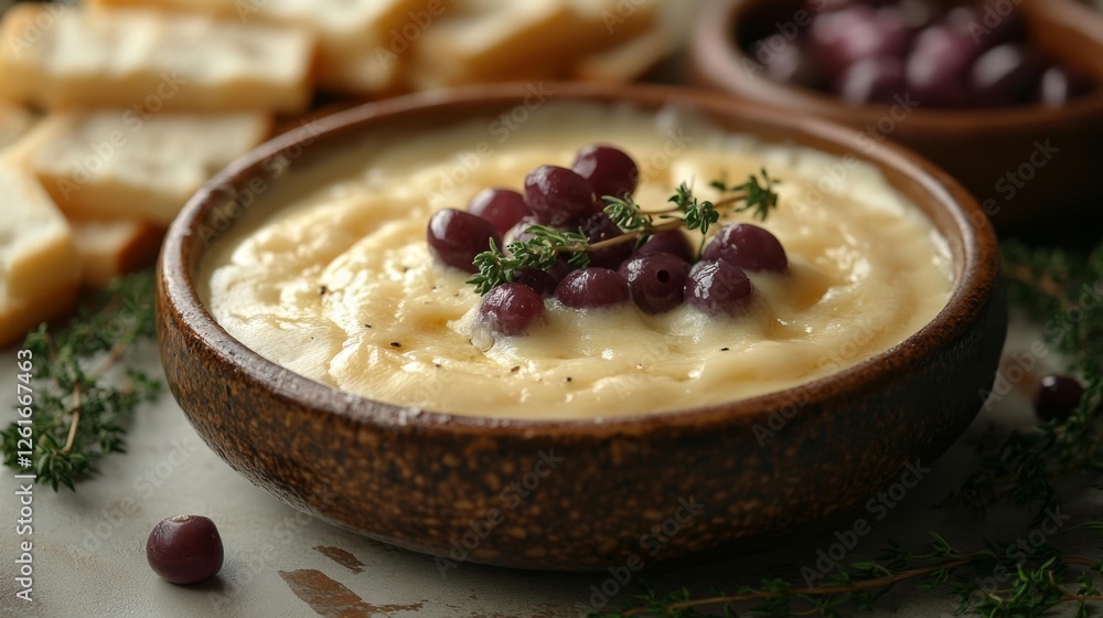 Creamy mashed potatoes with roasted grapes and thyme garnishing. Generative AI Creamy mashed potatoes with roasted grapes and thyme garnishing. Generative AI